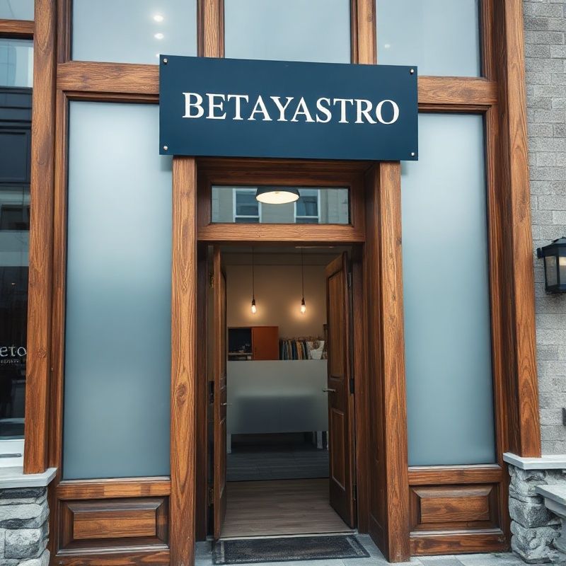 Entrance of the Betayastro salon on Jasper Ave with indigo signage and timber frame