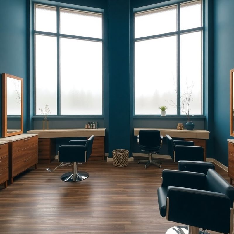 Wide indigo-blue salon interior with soft northern light through frosted windows