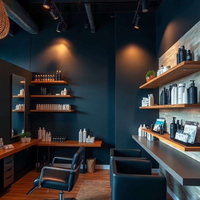 Warm interior of the Betayastro salon with indigo-toned walls and timber shelving