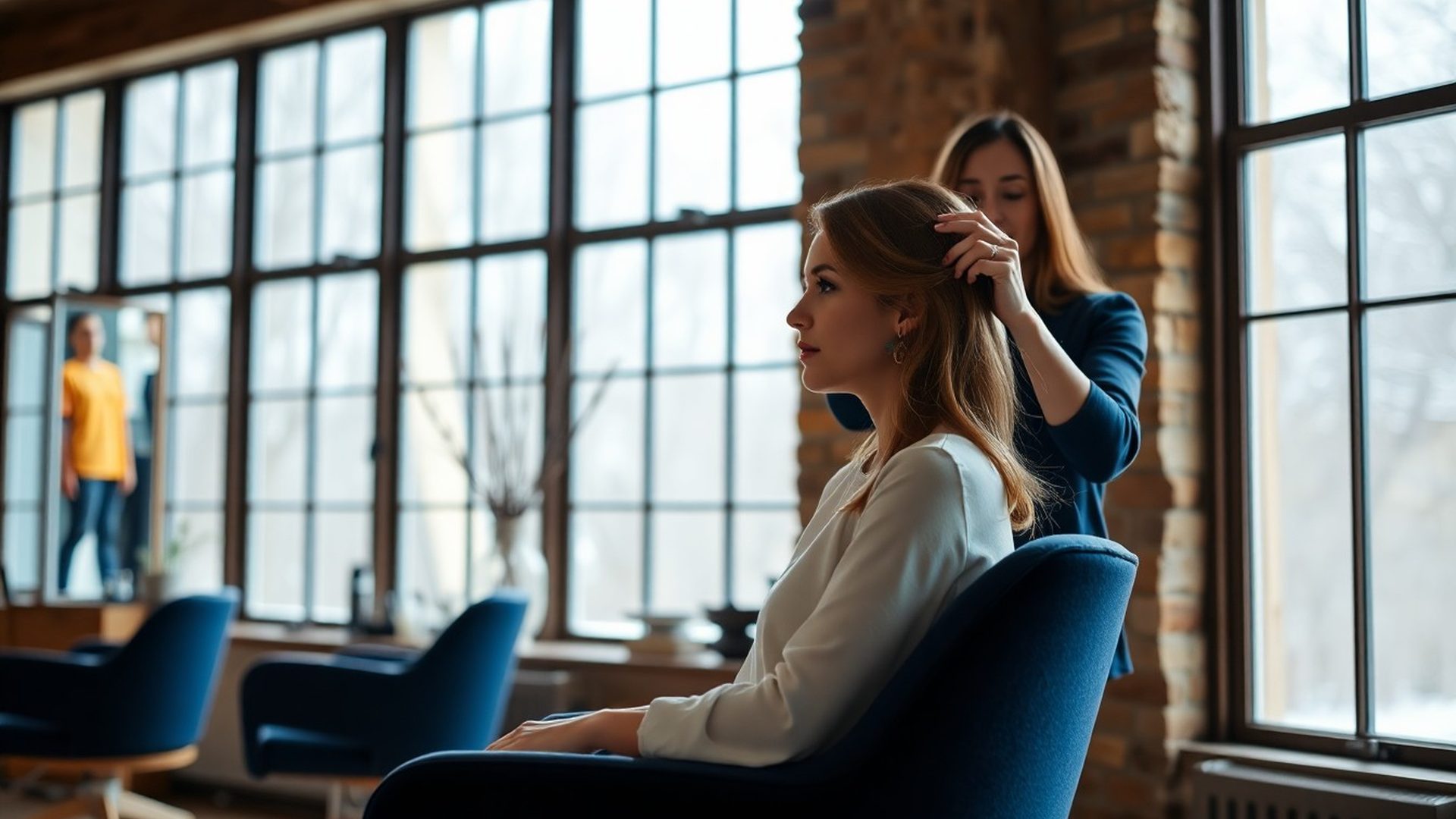 Client seated in a Betayastro salon chair with soft northern light and a stylist working through her hair