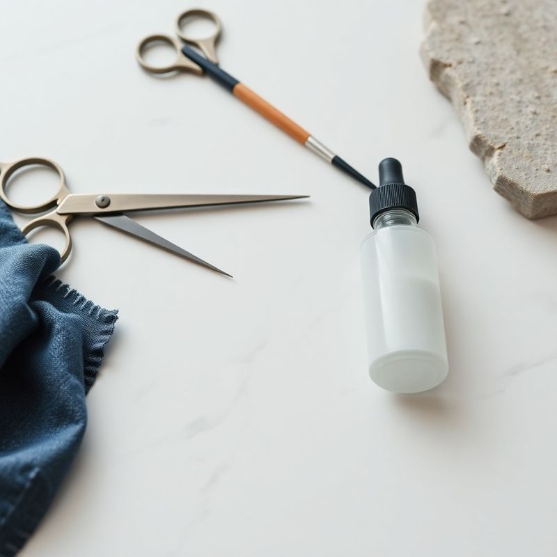 Close-up of stylist's tools — scissors, colour brush and dropper — on white marble with an indigo cloth